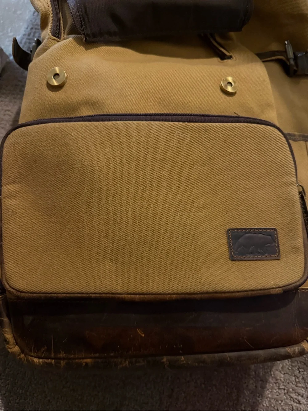 Canvas Flap Backpack in Tan with Leather Trim - Brand: